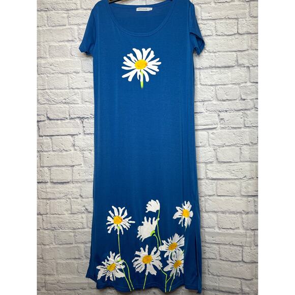 ❤️ MISSLOOK Blue Handpainted Daisy Short Sleeve Summer Dress Never Worn! LG - Picture 1 of 3